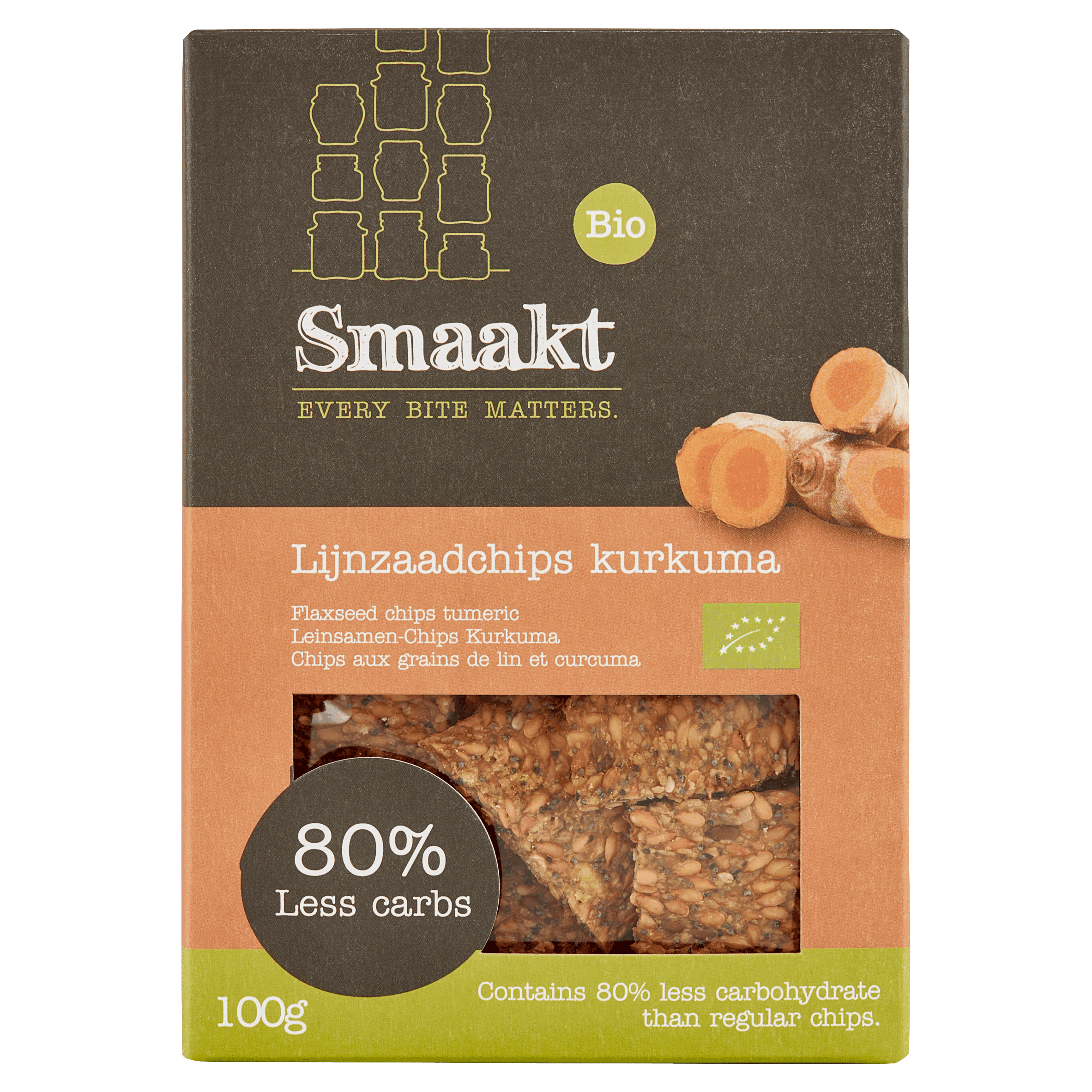 Smaakt Less Carb Lijnzaadchips Kurkuma bio