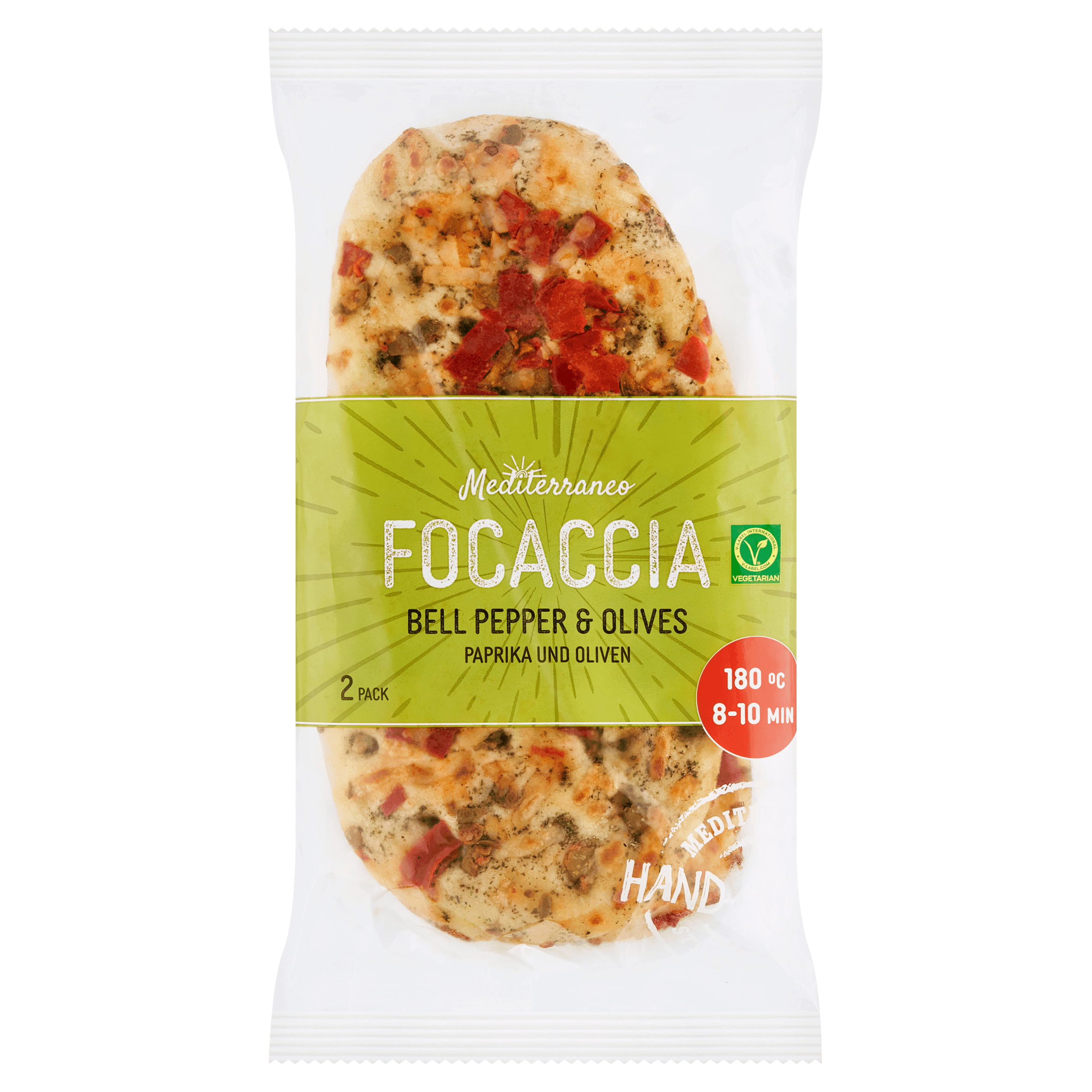 Mediterraneo Focaccia met paprika en olijven