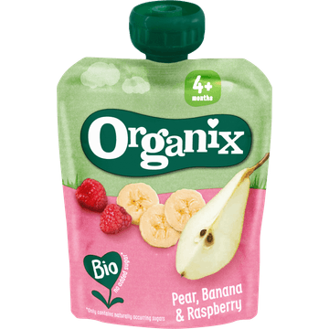 Organix Knijpfruit Peer, Banaan & Framboos 4+m 90g